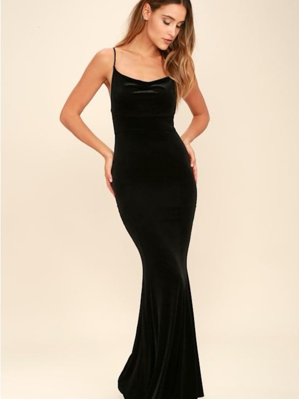 Lulus Black Velvet Mermaid Maxi Dress Spaghetti Strap Formal Evening Gown Small